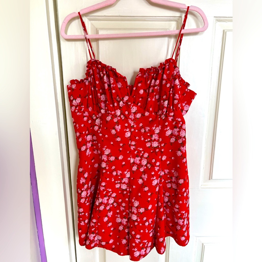 Red Floral Ruffle-Neck Romper with Adjustable Straps